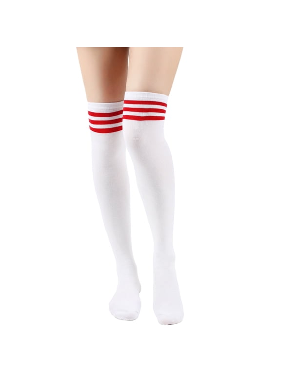 Knee High Socks, One Size Fits Most (Length 24in) white&red Polyester Stripes Long Socks, 3 Pairs Knee Socks Suitable for Cheerleading team,Fall Daily Warmth & Outfit Matching