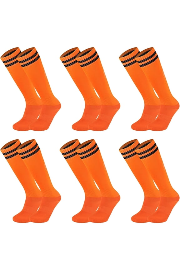 Knee Length Sports Socks - Orange,One Size(6 Pairs) Socks,Athletic High Socks,Sports Socks,Athletic Socks,Suitable for running and playing football ,Breathable Cotton Blend Socks