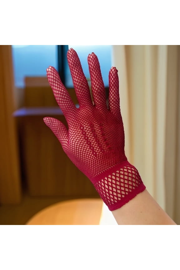 Mesh Short Gloves, Fishnet Gloves Sheer Gloves Full-Finger Gloves Nylon Gloves, Elastic Party Gloves Costume Gloves, Dark Red, One Size, 5 Pairs