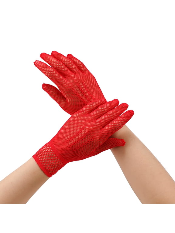 Mesh Short Gloves, Fishnet Gloves Sheer Gloves Full-Finger Gloves Nylon Gloves, Elastic Party Gloves Costume Gloves, Red, One Size, 5 Pairs