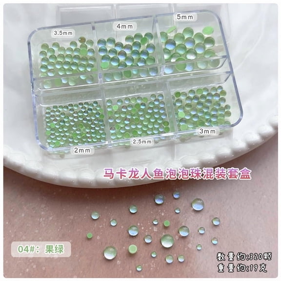 suxuMhao Nail Bubble Beads, Light Green, 3 Boxes (About 320 Pcs Per Box), 6 Sizes (2, 2.5, 3, 3.5, 4, 5mm), Flatback Bubble Nail Beads for Nails DIY Crafts, 3D Nail Charms, Nail Rhinestones