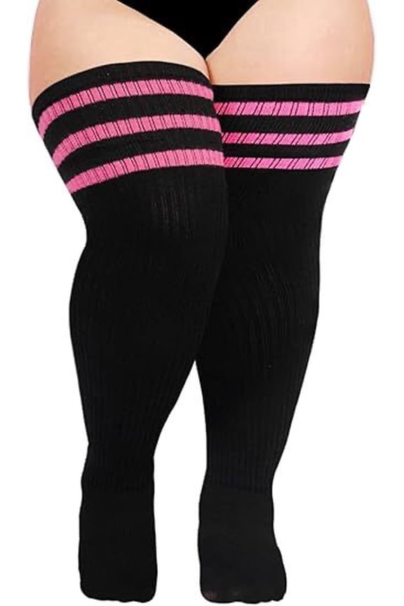 Plus Size Over the Knee Cotton Socks, Extra Large Enlarged Sports Socks, Big Size High Thigh Socks, One Size Extended Size Socks, 1 Pair Soft Breathable Wide Black & Pink Socks