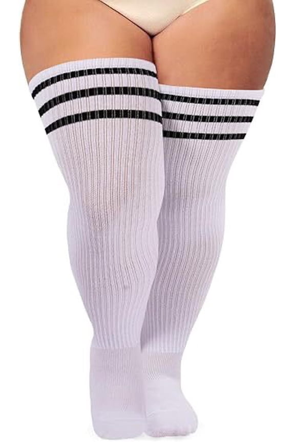 Plus Size Over the Knee Cotton Socks, Extra Large Enlarged Sports Socks, Big Size High Thigh Socks, One Size Extended Size Socks, 1 Pair Soft Breathable Wide White & Black Socks