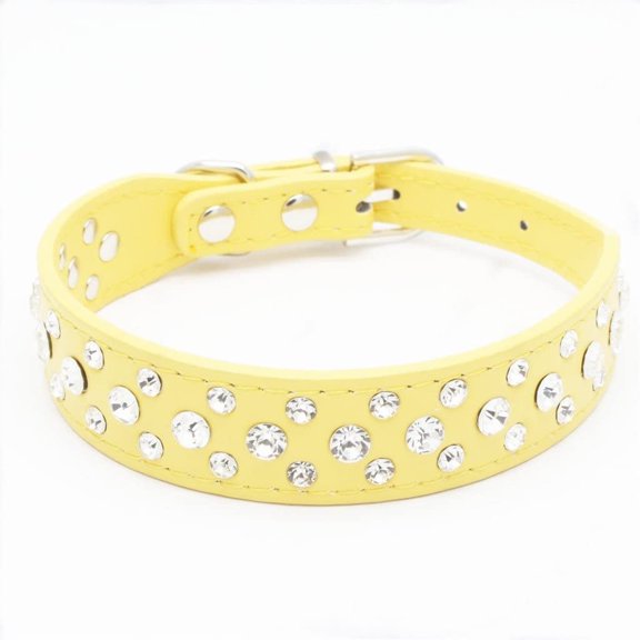 suxuMhao Rhinestones Dog Collars-1" Wide Crystal Diamonds Studded PU Leather Sparkly Crystal Studded Collar for Small & Medium Dog (S, Yellow)