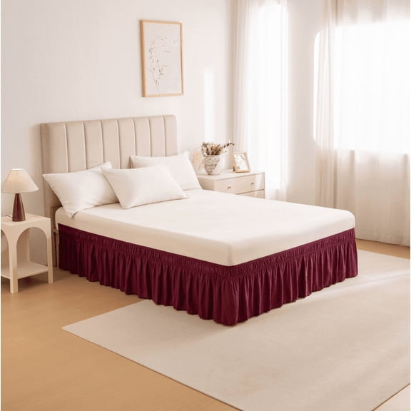 suxuMhao Ruffled Wrap Around Elastic Bed Skirt King Size, Dark Red - 7880 Inch Mattress Fit with 15 Inch Drop, 1 Piece Bedding Skirt for Bedroom Decor,Soft Dust-Proof Bed Skirt