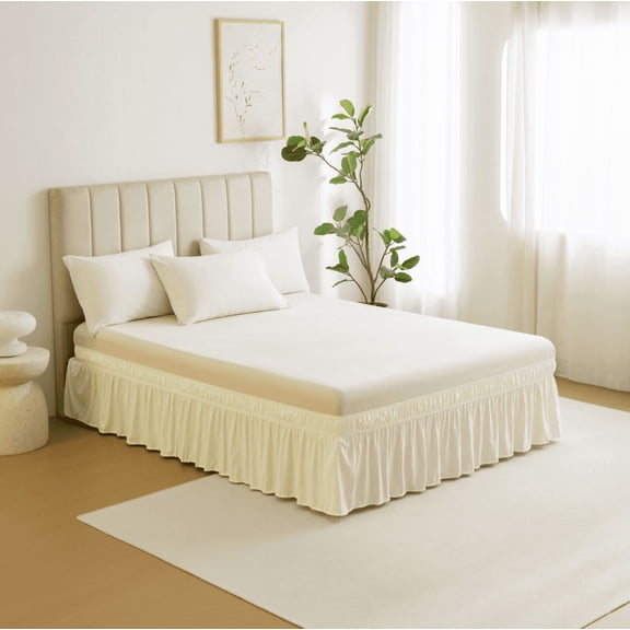 suxuMhao Ruffled Wrap Around Elastic Bed Skirt Twin Size, Beige White - 3975 Inch Mattress Fit with 15 Inch Drop, 1 Piece Bedding Skirt for Bedroom Decor,Soft Dust-Proof Bed Skirt