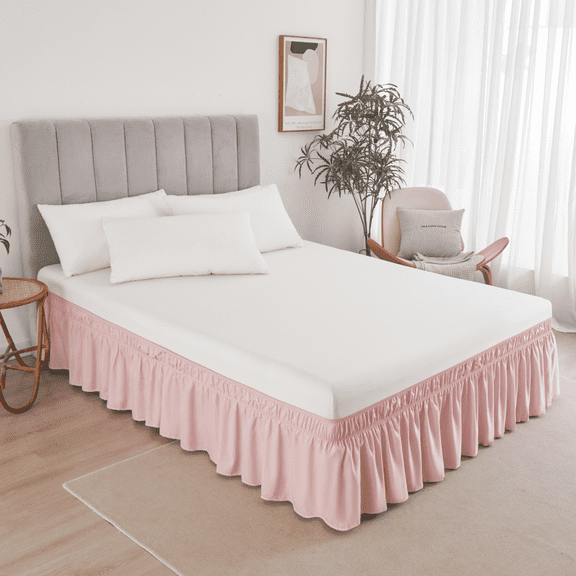 suxuMhao Ruffled Wrap Around Elastic Bed Skirt Twin Size, Gray Pink- 3975 Inch Mattress Fit with 15 Inch Drop, 1 Piece Bedding Skirt for Bedroom Decor,Soft Dust-Proof Bed Skirt