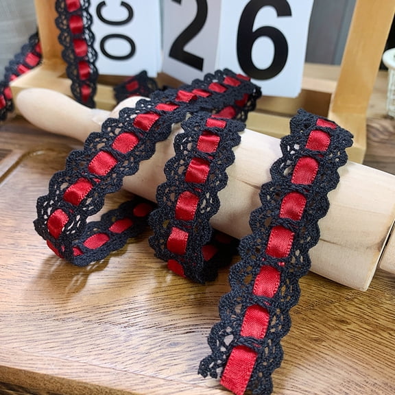suxuMhao Sewing & Craft Fabric, Lace Trim, Lace Ribbon, Embroidery Lace, Fabric Trim, Sewing Lace, Satin Trim, Black + Red, 0.78IN*10YD, 10YD Total Length, Perfect for DIY Crafts & Decor