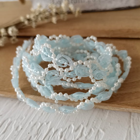 suxuMhao Sewing Trim, Light Blue Lace Trim with Pearls, 10.94yd Fabric Embellishments Ribbon Trim RIC Rac Trim Braid Trim Beaded Lace Trim for DIY Crafts, Chiffon Ribbon Perfect for Decoration