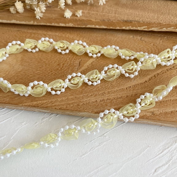 suxuMhao Sewing Trim, Yellow Lace Trim with Pearls, 10.94yd Fabric Embellishments Ribbon Trim RIC Rac Trim Braid Trim Beaded Lace Trim for DIY Crafts, Chiffon Ribbon Perfect for Decoration