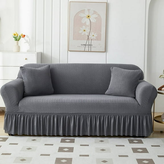 suxuMhao Skirt Style Sofa Cover for Couch, Stretch Sofa Covers Washable, Non Slip Scratch Resistant 2 Seater Couch Cover, Loveseat Size Slipcovers Fit 57-72.83 Inches, Dark Gray,1 Piece, Style 1