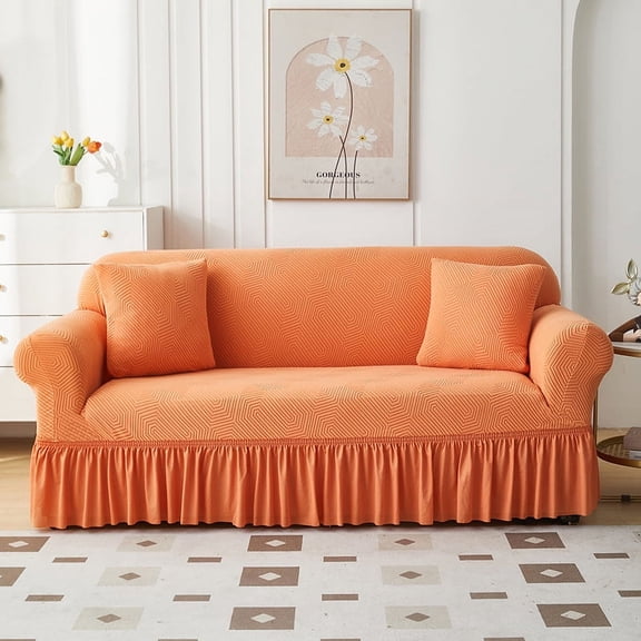 suxuMhao Skirt Style Sofa Cover for Couch, Stretch Sofa Covers Washable, Non Slip Scratch Resistant 2 Seater Couch Cover, Loveseat Size Slipcovers Fit 57-72.83 Inches, Orange,1 Piece, Style 3