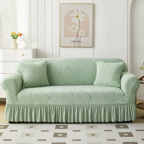 suxuMhao Skirt Style Sofa Cover for Couch, Stretch Sofa Covers Washable, Non Slip Scratch Resistant 2 Seater Couch Cover, Loveseat Size Slipcovers Fit 57-72.83 Inches, Light Green,1 Piece, Style 2