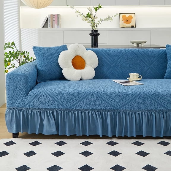 suxuMhao Skirt Style Sofa Cover for Couch, Stretch Sofa Covers Washable, Non Slip Scratch Resistant 2 Seater Couch Cover, Loveseat Size Slipcovers Fit 57-72.83 Inches, Blue,1 Piece, Style 4