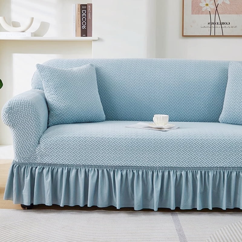 suxuMhao Skirt Style Sofa Cover for Couch, Stretch Sofa Covers Washable, Non Slip Scratch Resistant 3 Seater Couch Cover, Sofa Size Slipcovers Fit 74.8-90.55 Inches, Light Blue,1 Piece, Style 1