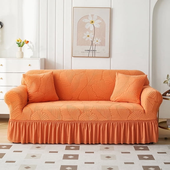 suxuMhao Skirt Style Sofa Cover for Couch, Stretch Sofa Covers Washable, Non Slip Scratch Resistant 3 Seater Couch Cover, Sofa Size Slipcovers Fit 74.8-90.55 Inches, Orange,1 Piece, Style 2