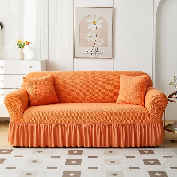suxuMhao Skirt Style Sofa Cover for Couch, Stretch Sofa Covers Washable, Non Slip Scratch Resistant 3 Seater Couch Cover, Sofa Size Slipcovers Fit 74.8-90.55 Inches, Orange,1 Piece, Style 1