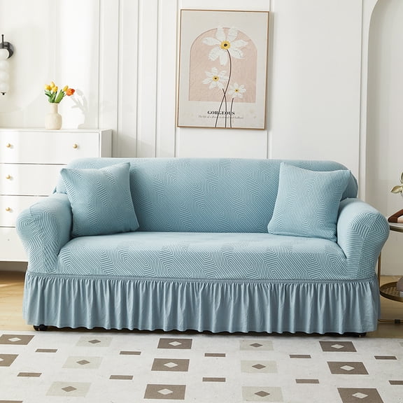 suxuMhao Skirt Style Sofa Cover for Couch,Stretch Sofa Covers Washable,Non Slip Scratch Resistant 4 Seater Couch Cover,Oversized Size Slipcovers Fit 92.52-118.11 Inches, Light Blue,1 Piece, Style 3