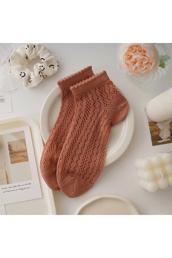 Socks, 12 Pairs Brown Knitted Cotton Crew Socks, Breathable Low Cut Casual Summer Socks, One Size Fits Most, Soft Ruffle Mesh Hollow Out Frill Trim Ankle Socks