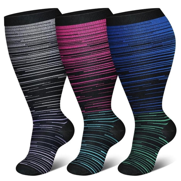 suxuMhao Socks - 3 Pairs 3XL Large Size Colorful Lines Style,Black & Pink & Blue & White Socks, Oversized Socks for Daily/Athletic Use, Athletic Socks with Comfort Fit, Knee High Socks,Large Socks