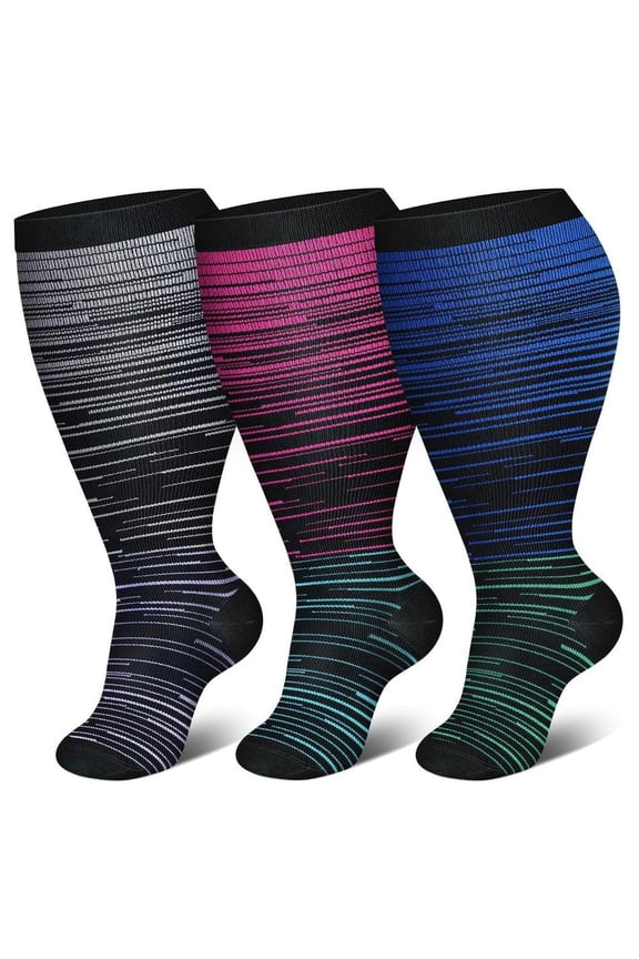 Socks - 3 Pairs 3XL Large Size Colorful Lines Style,Black & Pink & Blue & White Socks, Oversized Socks for Daily/Athletic Use, Athletic Socks with Comfort Fit, Knee High Socks,Large Socks
