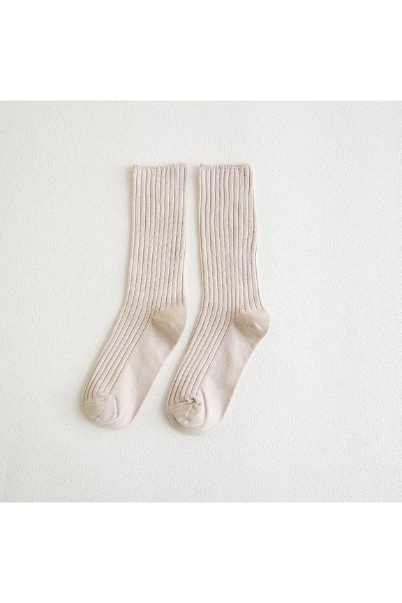 Socks, 5 Pairs Cotton Socks - Stacked Socks with Double Needle Craft, Autumn and Winter Socks for Warmth, Calf Socks with Comfortable Fit, One Size Fits Most, Beige Color