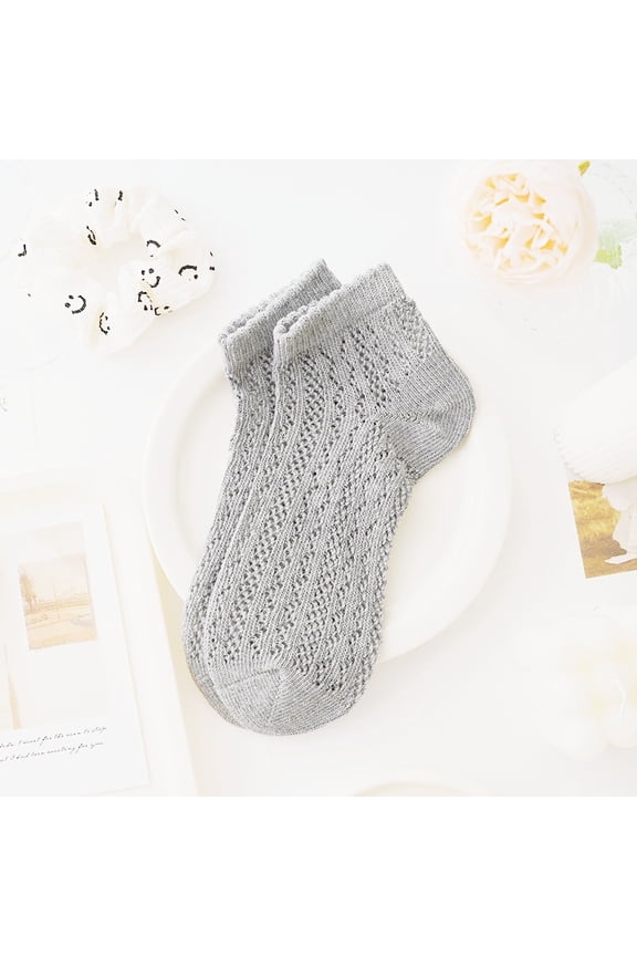 Socks, 6 Pairs Gray Knitted Cotton Crew Socks, Breathable Low Cut Casual Summer Socks, One Size Fits Most, Soft Ruffle Mesh Hollow Out Frill Trim Ankle Socks