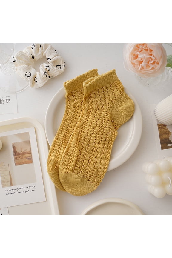 Socks, 6 Pairs Yellow Knitted Cotton Crew Socks, Breathable Low Cut Casual Summer Socks, One Size Fits Most, Soft Ruffle Mesh Hollow Out Frill Trim Ankle Socks