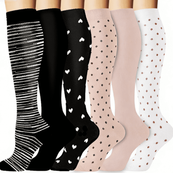 suxuMhao Socks, Multi Color Calf & Knee High Socks Set, Large Size L/XL Compression Sports Socks in Pink Black White, Polka Dot Stripe Knit Hosiery, 6 Pairs Stretch Socks for Daily Walking Workout