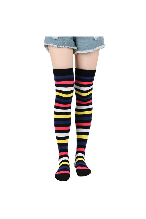 Soft & Stretchy Striped Thigh High Socks, Rainbow Colored, Fashionable Over The Knee Socks, Dark Black Sock Cuff, Comfortable Knee High Socks, 3 Pairs,One Size Fits Most,Total Length 25.6IN