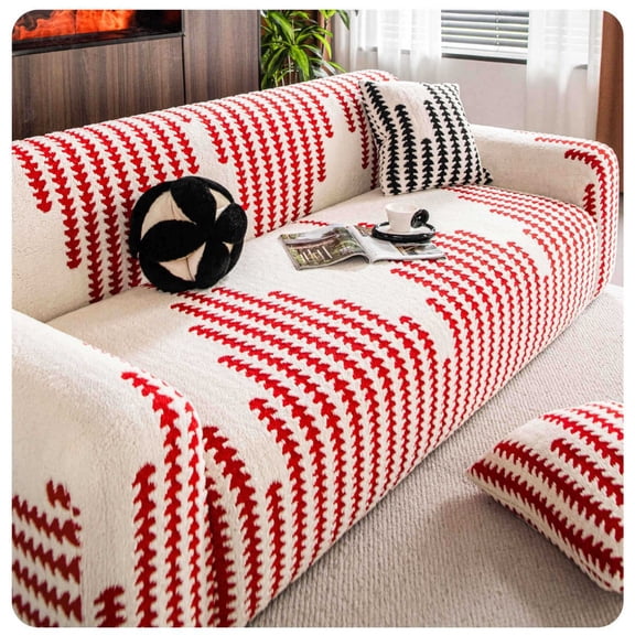 suxuMhao Stretch Sofa Cover, Sofa Size, 3 Seater Couch Cover - Couch Slipcovers for Sofa, Elastic Fitted Couch Slipcover, Wrinkle-Resistant Cover for Couch, 1 Piece (White and Red)