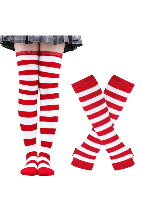 Stripe Sock & Glove Set, Wide Stripes Thigh High Over the Knee Socks with Soft Stretchy Fingerless Gloves, Breathable Polyester-Cotton Blend, Red & White, One Size, 3 Sets