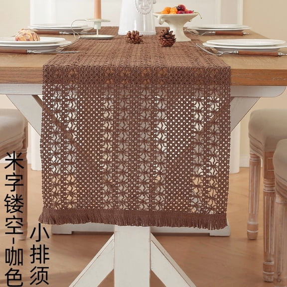 suxuMhao Table Runner, Brown Vintage Woven Hollow Out Tassel Dining Table Runner, Farmhouse Lace Runners for Tables, 13.886 Inch, 1 Piece Decor Linen for Dining Room & Holiday Party Decor