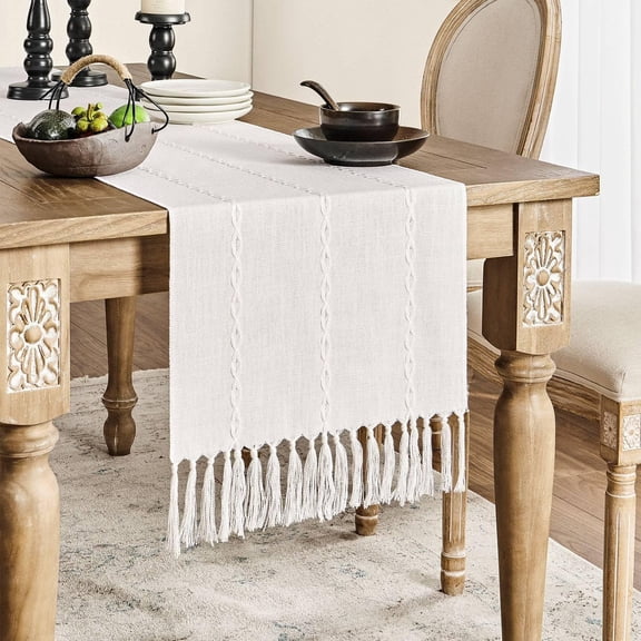 suxuMhao Table Runner, off-white White Striped Tassel Dining Table Runner, Farmhouse Textured Woven Runners for Tables, 11.872 In, 1 pc Decor Table Linen for Daily Dining & Holiday Party Table Decor