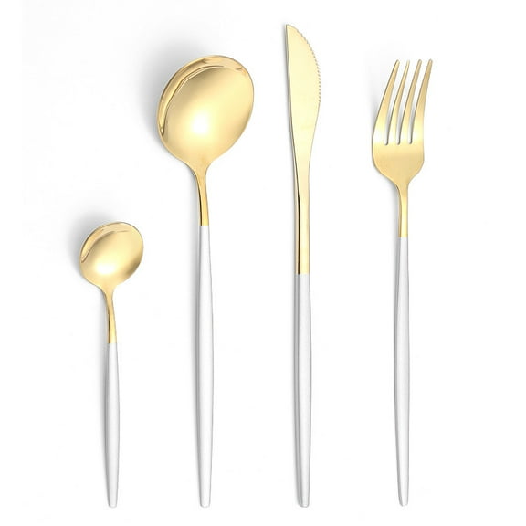 suxuMhao Tableware Sets, 12-Piece Stainless Steel Silverware Set, Kitchen Dinnerware Set, Cutlery Set of 3, Flatware Set, Golden & White, One Size - Ideal for Daily Dining & Gatherings