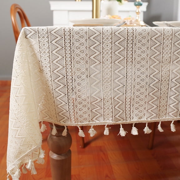 suxuMhao Tassel Cotton Linen Tablecloth, 35.43*35.43in 1 Piece, Dining & Coffee Table Cover, Reusable Fabric Fall Tablecloth, for Home Decor & Outdoor Use, Beige, Style 2