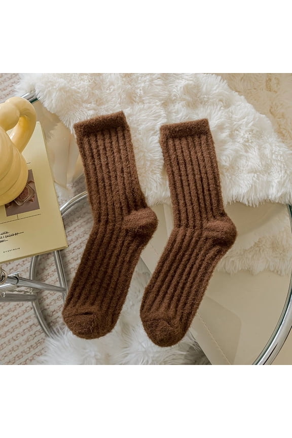 Thick Socks for fall & winter, Mid Calf Socks Crew Socks, Warm Thick Cotton Socks,Dark Brown,One Size Fits Most, 5 Pairs Soft Comfortable Socks for Daily Wear, Breathable Warm Thick Socks