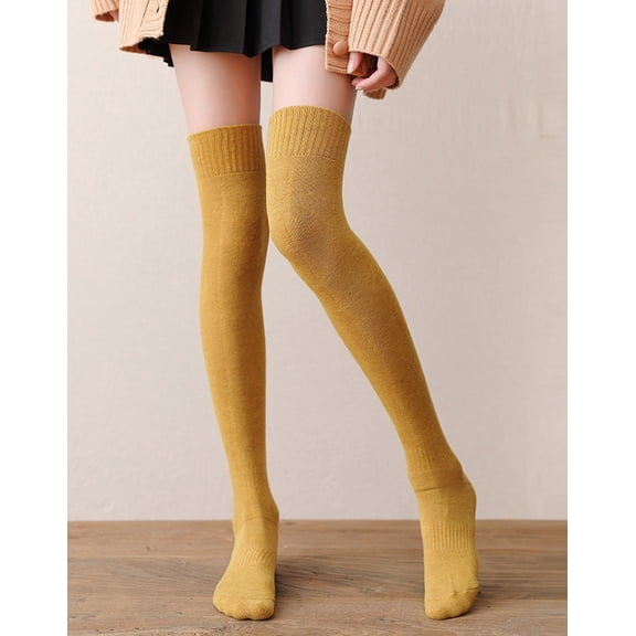 suxuMhao Thick Thigh High Socks - 2 Pairs Yellow, One Size Fits Most, Knit High Thigh Socks, Soft Cotton Knee High Socks, Warm Thigh High Socks for Daily Wear, Durable Knit Thigh High Socks