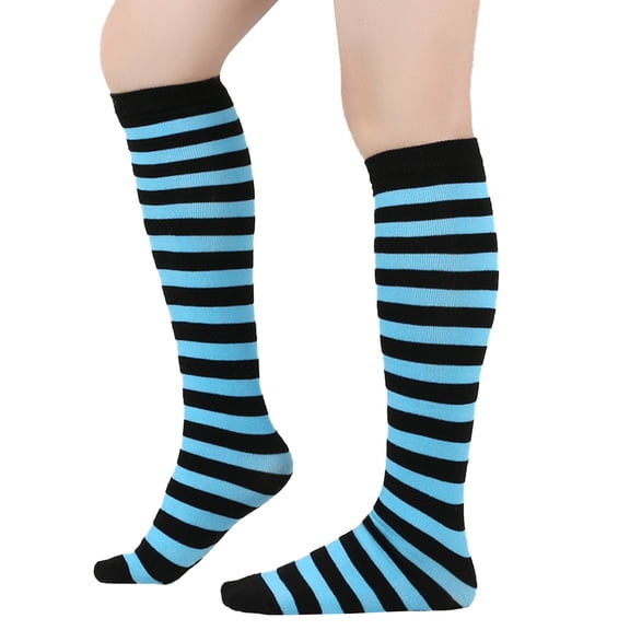 suxuMhao Thin Striped Calf Socks,3 Pairs One Size Fits Most,Soft Polyester-Cotton&Spandex Socks-Ideal as Mid Calf Socks,Knee High Socks,Long Socks,Crew Socks,Blue & Black for Daily Wear​