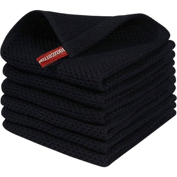suxuMhao Waffle Pattern Kitchen Towels Set - 6 Pieces Absorbent Kitchen Towels, 13.39×13.39IN Black Dish Towels for Kitchen & Kitchen Hand Towels, Soft Cotton Towels for Home Kitchen Cleaning