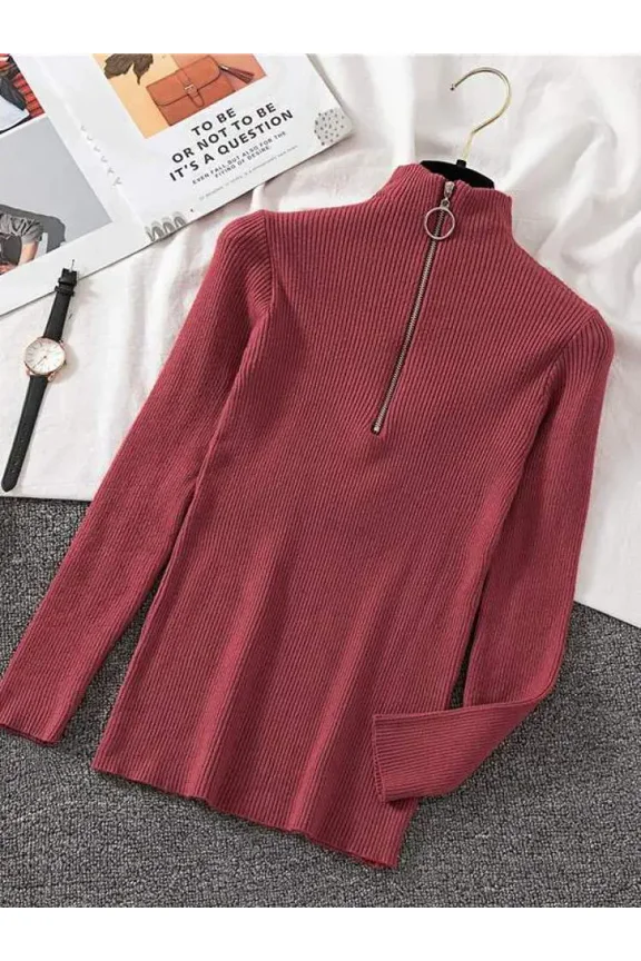 sweater knit sweater pullover crew neck sweater • warm sweater Women Fashion Solid Knitted Sweaters Vintage Long Sleeve Zipup Basic Half Turtleneck Sweater Female Pullovers Chic Casual Tops