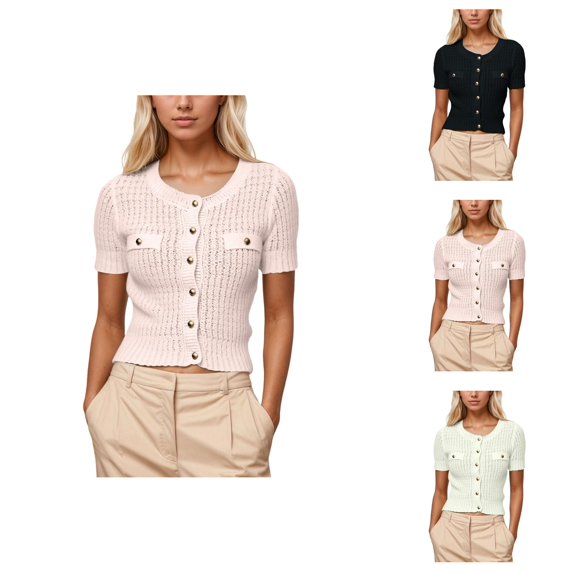 sweater for women Women's Sweater Coat Knitted Button Front Cardigan Short Sleeve Open Front Sweater Coat With Metallic Buttons And Round Neck For Casual Wear
