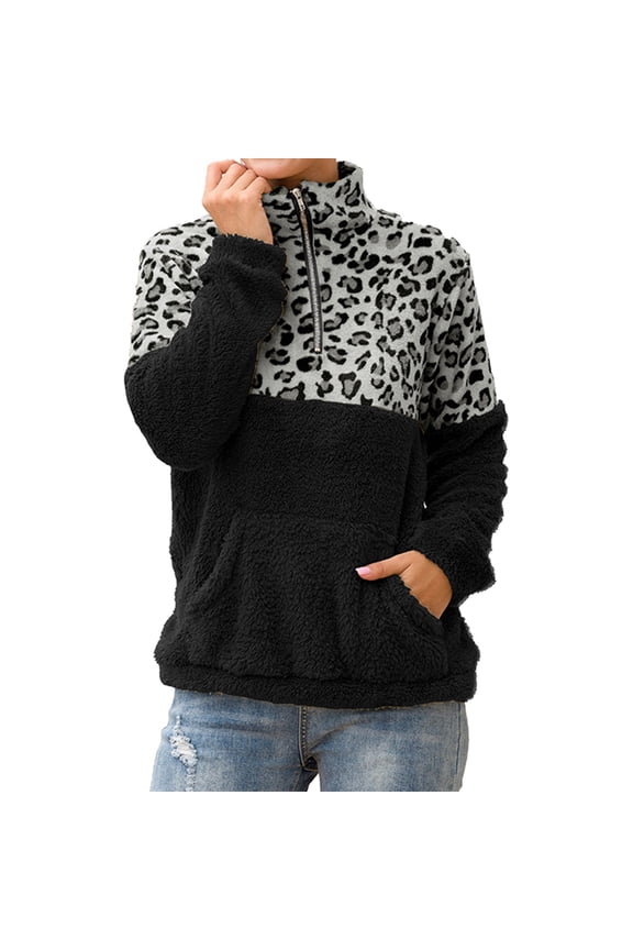 sweaters for women Leopard Print Sweater 1/4 Zipper Collar Stitching Top Double Fleece Warm Jacket With Pockets For Autumn Winter Spring 2XL womens sweaters