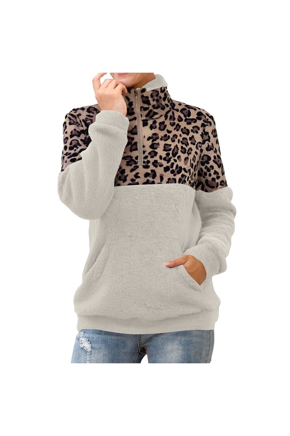 sweaters for women Leopard Print Sweater 1/4 Zipper Collar Stitching Top Double Fleece Warm Jacket With Pockets For Autumn Winter Spring 2XL womens sweaters