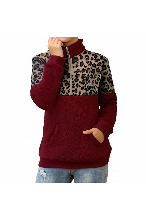 sweaters for women Leopard Print Sweater 1/4 Zipper Collar Stitching Top Double Fleece Warm Jacket With Pockets For Autumn Winter Spring L womens sweaters