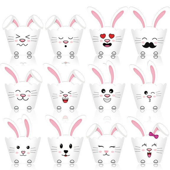 syligr 12 Pack Easter Baking Cupcake Wrappers and Cake Collars, White Rabbit Egg Design Crenellated Edges for Spring Holiday Dessert Table Decorations, Party Serving Supplies and Sweet Treat Display