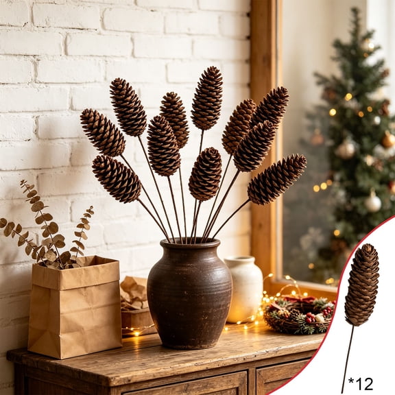 syligr 12 Pcs Pinecone Branches for Vase, Natural Pinecone Picks for Christmas Home Decor, Dried Stems for Tabletop Entryway Holiday Decor, Christmas Decorations for Home Party, 10 Inch
