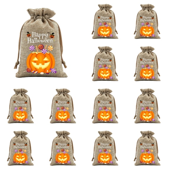 syligr 13 Pcs Halloween Drawstring Candy Bags for Trick or Treat, Reusable Goodie Bags with Pumpkin Print, Drawstring Gift Pouches for Party Favors, Storage Bags for Classroom Holiday, 4x6 Inch
