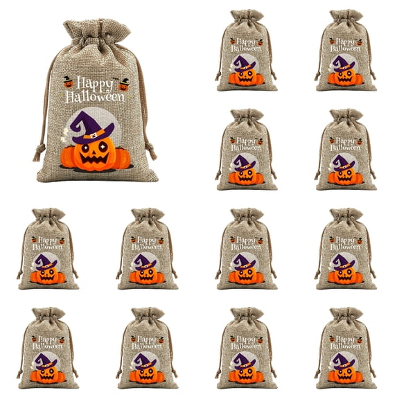 syligr 13 Pcs Halloween Drawstring Candy Bags for Trick or Treat, Reusable Goodie Bags with Pumpkin Print, Drawstring Gift Pouches for Party Favors, Storage Bags for Classroom Holiday, 4x6 Inch