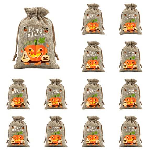 syligr 13 Pcs Halloween Drawstring Candy Bags for Trick or Treat, Reusable Goodie Bags with Pumpkin Print, Drawstring Gift Pouches for Party Favors, Storage Bags for Classroom Holiday, 4x6 Inch